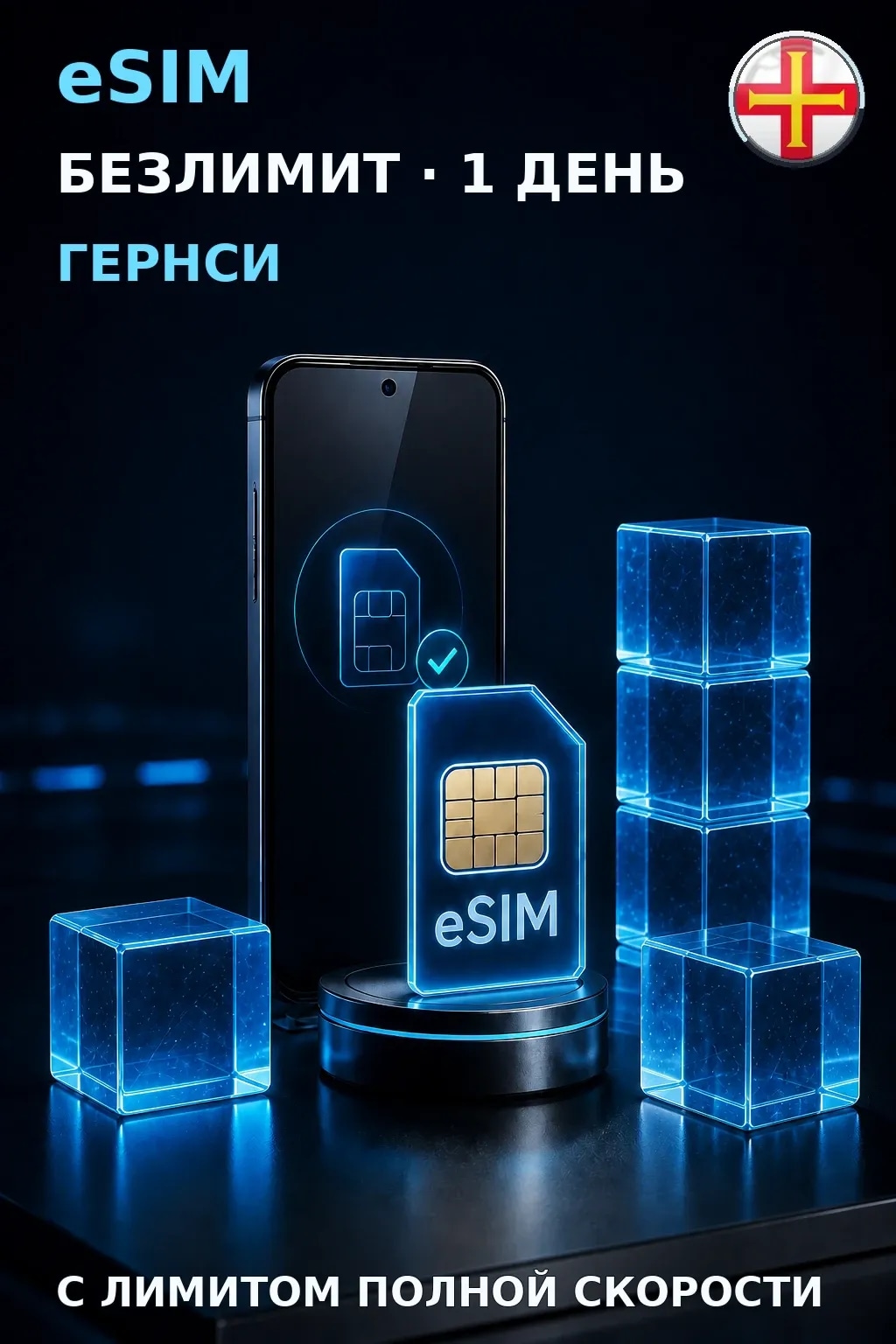 eSIM Гернси — БЕЗЛИМИТ, 1 день — интернет